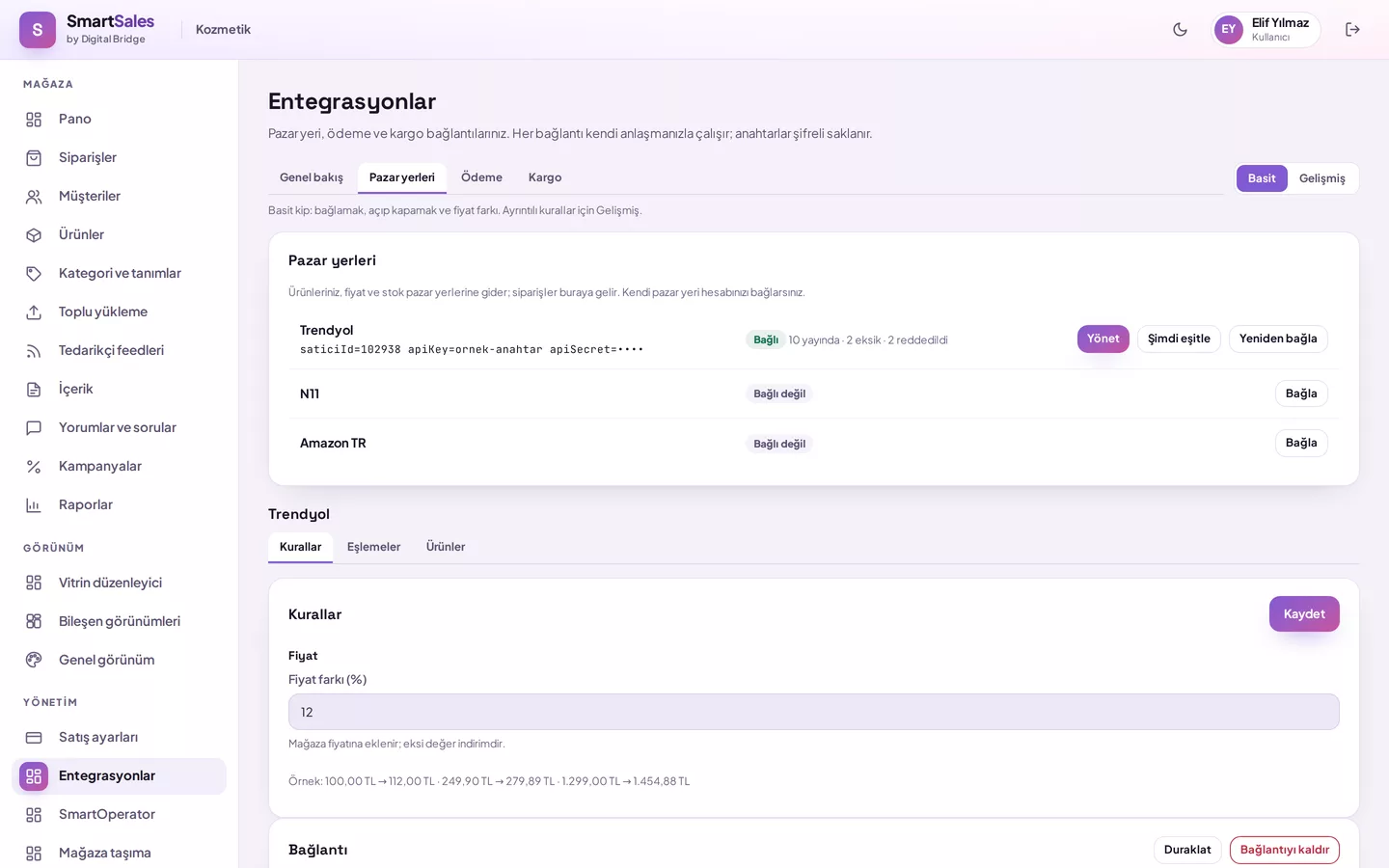 Trendyol rules in simple mode: 12% price difference, example prices, and Connection card
