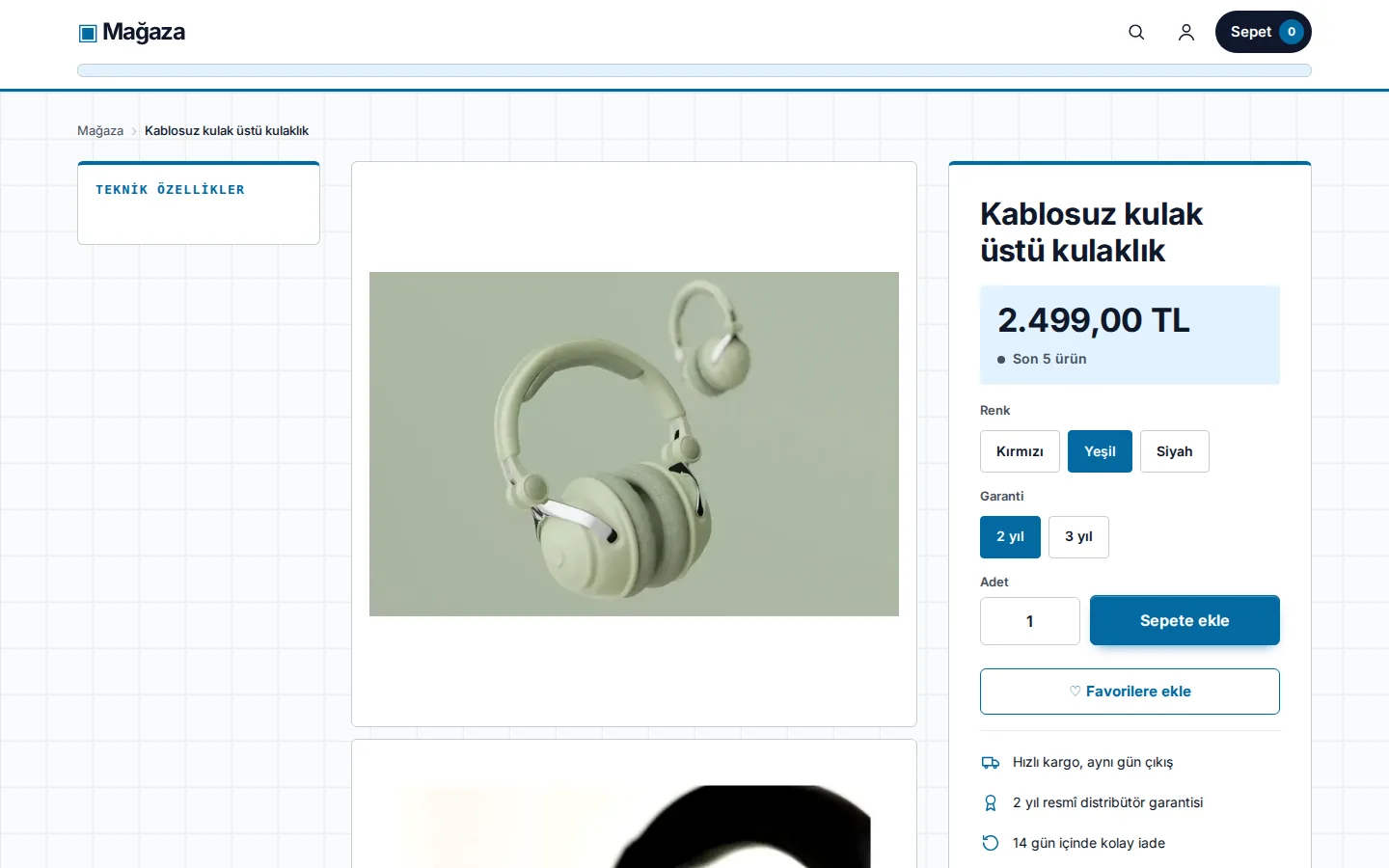 Product page in the storefront: Green is selected as the color, and the green headphones' photo is first in the gallery