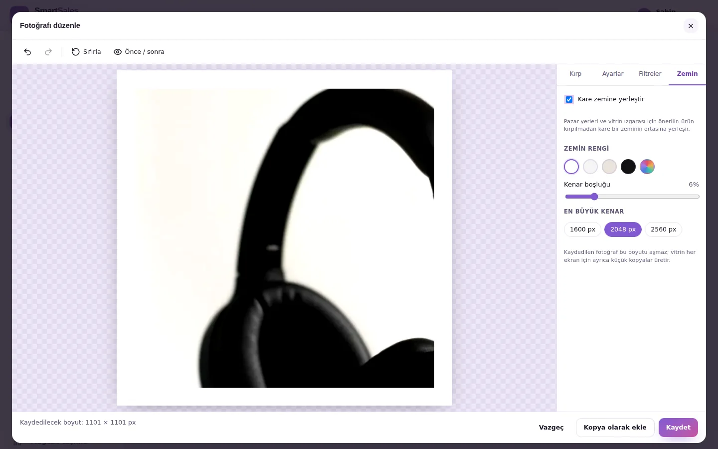 The editor's Background tab: Place on a square background is on, white background selected, padding 6 percent, maximum edge 2048 pixels