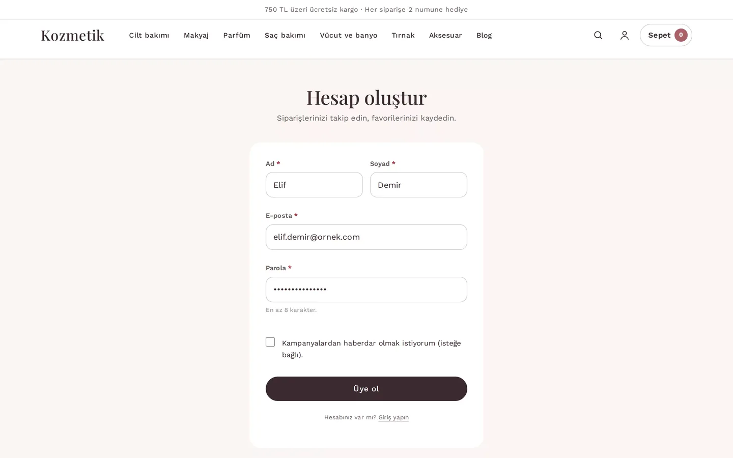 Store sign-up form: first name, last name, email, and password filled in (demo store)